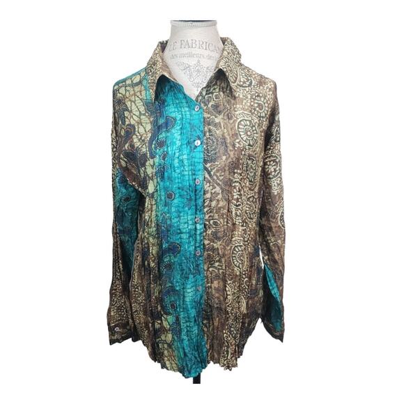 Chico's 100% Silk Multi Color Unique Design Button Up Collared Blouse | Size 2 - Picture 1 of 7